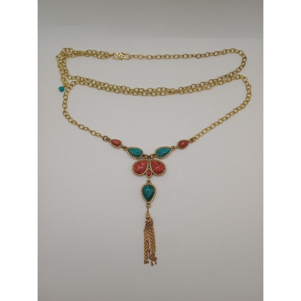 Barse BR Turquoise Cabochon Statement Necklace Thai Boho Gold Plated